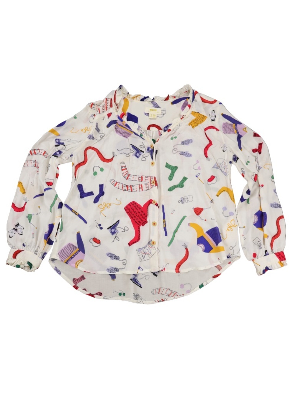 Maeve Anthropologie 4P Novelty Print Blouse Petite Button Front Top